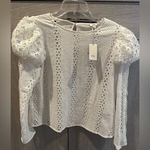 NWT River Island Women's White Puffy Sleeve Crochet Keyhole Back Top Size 10